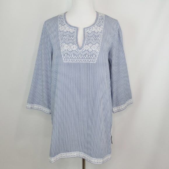 J. McLaughlin Blue & White Striped Embroidered Tunic Top Women's Size Large - Picture 4 of 13